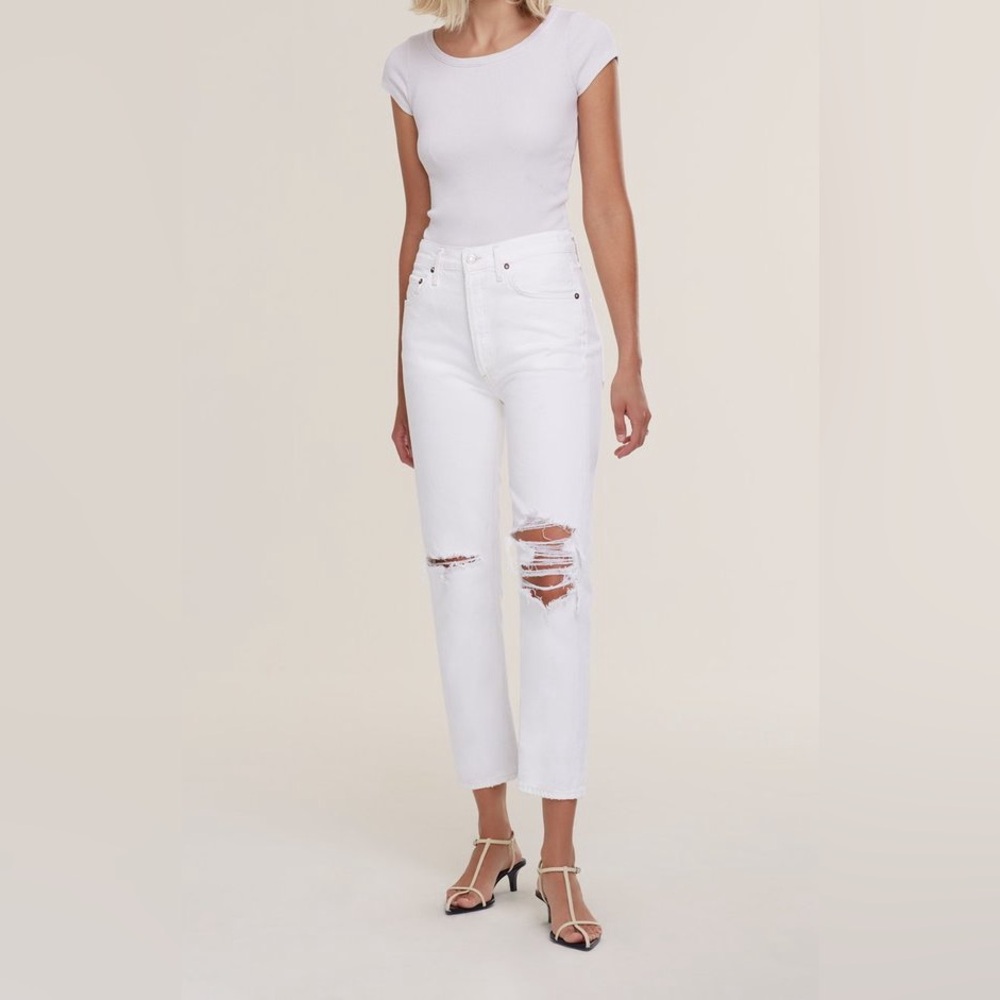 Agolde Riley High Rise Straight Crop in Veil Distressed White 25